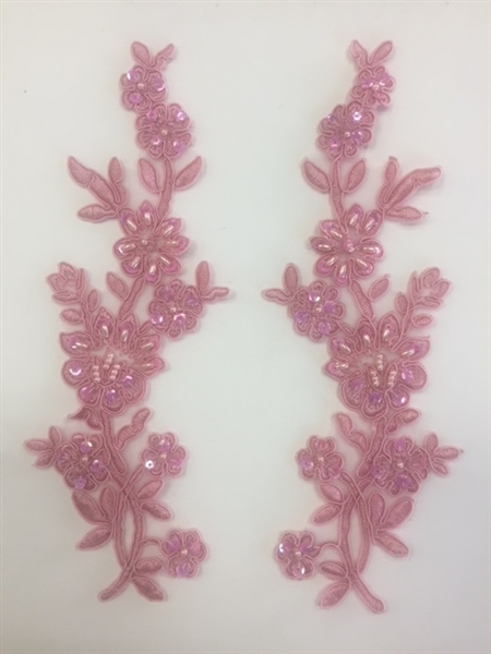 APL-BED-104-PINK-PAIR.  Beaded Applique - Pink - 9 x 3 Inch