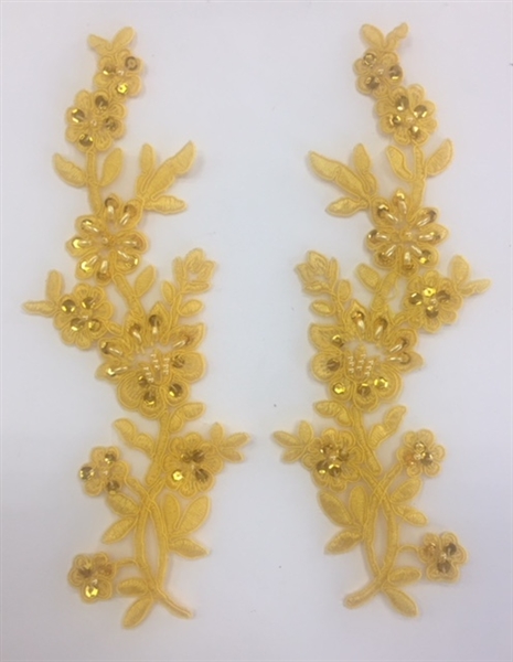 APL-BED-104-YELLOW-PAIR.  Beaded Applique - Yellow - 9 x 3 Inch