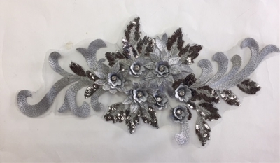 APL-BED-115-SILVER.  Beaded Applique with Rhinestone and Sequin on Net.  - Silver - 16" x 7"
