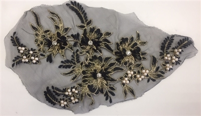 APL-BED-117-GOLDBLACK. Beaded Applique with Rhinestones on Net. - Gold Black - 13.5" x 8" - Each $6