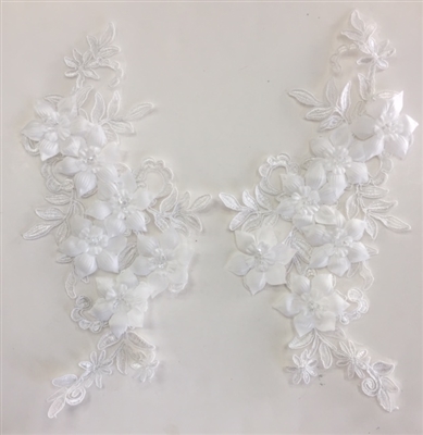 APL-BED-118-WHITE-PAIR-3D. Pair of Beaded Appliques - 3D on White Net. - WHITE- 12.5" x 6" - Pair $7