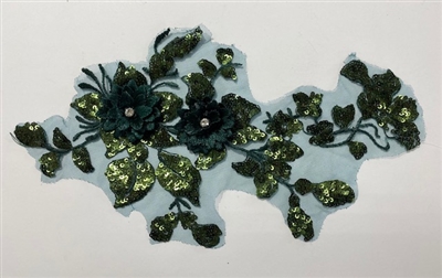 APL-BED-124-DARKGREEN-3D. Beaded Applique - 3D on Net. - Dark Green with Sequins and Crystals - 11" x 6"