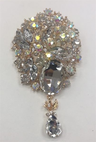 BRO-RHS-265-ABGOLD. Clear and AB Rhinestones on Gold Metal Broach - 2.5 x 4.5 Inches
