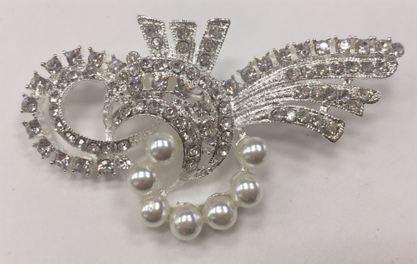 BRO-RHS-269-SILVER. Clear Rhinestones and Pearls on Silver Metal Brooch - 1.5 x 2.5 Inches