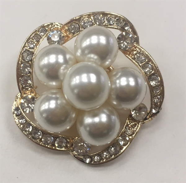 BRO-RHS-282-GOLD. Clear Rhinestones and White Pearls on Gold Metal Brooch - 1.5 x 1.5 Inches