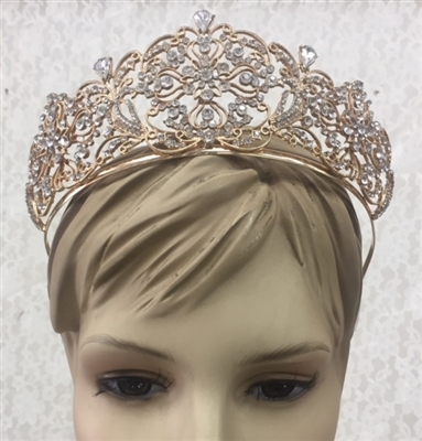 CWN-107-GOLD-CRYSTAL. WHOLESALE CROWN, CLEAR CRYSTALS ON GOLD METAL