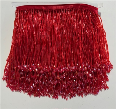 FRI-BED-109-RED.  Beaded Fringe - Red Color - 5" Wide - On Red Tape - 1 yard