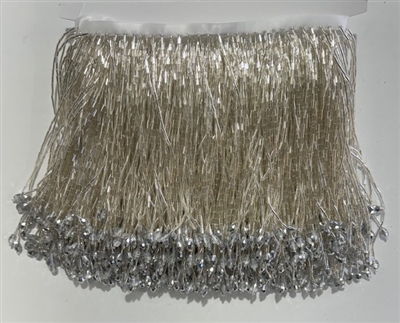 FRI-BED-109-SILVER - Beaded Fringe - Silver Color - 5" Wide - On Silver Tape - 1 yard