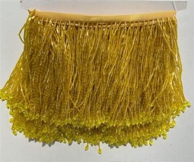 FRI-BED-109-YELLOWGOLD.  Beaded Fringe - Yellow Gold Color - 5" Wide - On Yellow Tape - 1 yard