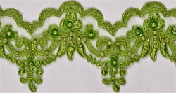 LNS-BBE-101-AppleGreen.  3.0"-wide Bridal Lace with Beads - Apple Green