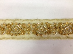 LNS-BBE-183-GOLD.  BEADED BRIDAL LACE - 1.5 INCH