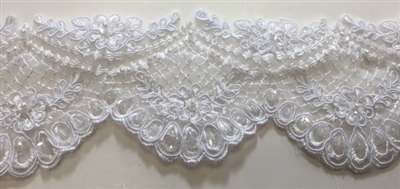 LNS-BBE-207-WHITE. BRIDAL BEADED LACE WITH PEARLS AND SEQUINS - 3 " WIDE