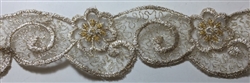 LNS-BBE-217-GOLD. BRIDAL EMBROIDERED LACE WITH SEQUINS - 1 3/4 " WIDE