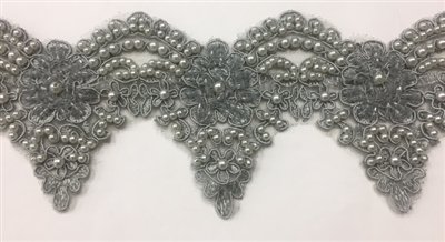 LNS-BBE-222-ANTIQUESILVER.  Fully Beaded Bridal Lace with Silver Pearls - Antique Silver - 4 Inch Wide
