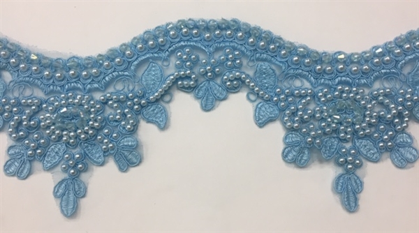 LNS-BBE-223-LIGHTBLUE.  Bridal Lace with Exquisite Embroideries and Silver Pearls - Light Blue - 4 Inch Wide