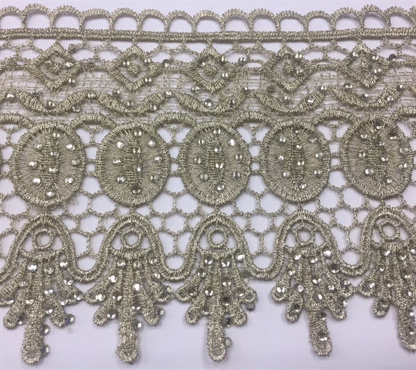 LNS-BBE-231-GOLD. Gold Bridal Lace with Shiny Crystals - Sold By the Yard - 4.5 Inch Wide