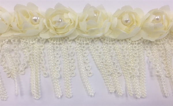 LNS-BBE-242-YELLOW.  Yellow Bridal Lace with White Pearls on Raised Flowers - Sold By the Yard - 3 Inch Wide