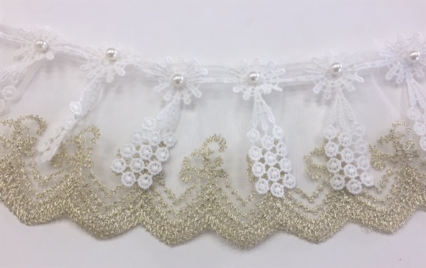LNS-BBE-245-WHITEGOLD.  White and Gold Bridal Lace with White Pearls in the Center of Flower - Sold By the Yard - 3 Inch Wide