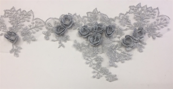 LNS-BBE-266-SILVER.  Silver Bridal Lace with 3-Dimensional Rosettes - 5 Inch Wide - Sold By the Yard