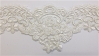 LNS-BBE-304-OFFWHITE. EMBROIDERED BRIDAL BEADED LACE WITH SILVER METALLIC BORDER - 6" - OFFWHITE