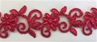 LNS-BBE-311-RED. EMBROIDERED BRIDAL BEADED LACE WITH RED BEADS - 1.5" - RED