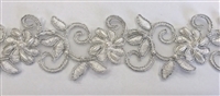 LNS-BBE-311-SILVER. EMBROIDERED BRIDAL BEADED LACE WITH SILVER BEADS - 1.5" - WHITE