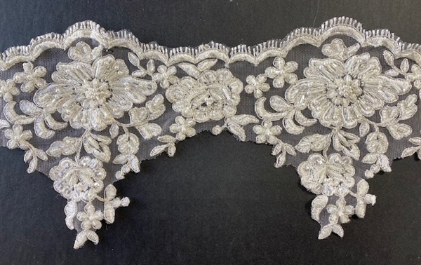 LNS-BBE-322-IVORYSILVER. EMBROIDERED BRIDAL BEADED LACE - 6" - IVORY SILVER