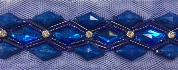 LNS-BED-145-BLUE1.  Beaded Trim with Beautifully Arranged Blue Acrylic Stones and Navy Blue Beads On Blue Mesh - Sold By the Yard - 1.25 Inches Wide
