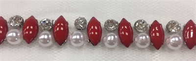 LNS-BED-146-RED.  Beaded Trim with Beautifully Arranged Red Acrylic Stones, White Pearls, and Clear Crystals On White Mesh - Sold By the Yard - 0.5 Inches Wide