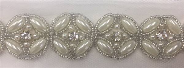 LNS-BED-147-OFFWHITE.  Beaded Trim with Beautifully Arranged Off-White Pearls, Clear Crystals, and Silver Beads On White Mesh - Sold By the Yard - 1 Inch Wide