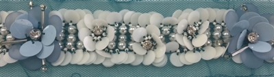 LNS-BED-155-BABYBLUE.  Beaded Trim with Beautifully Arranged Pearls, and Baby Blue Sequins on a Turquoise Mesh - Sold By the Yard - 1.5 Inch Wide