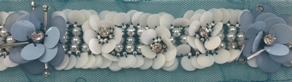 LNS-BED-155-BABYBLUE.  Beaded Trim with Beautifully Arranged Pearls, and Baby Blue Sequins on a Turquoise Mesh - Sold By the Yard - 1.5 Inch Wide