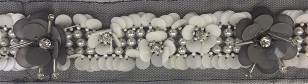 LNS-BED-155-GREY.  Beaded Trim with Beautifully Arranged Pearls, and Grey Sequins on a Black Mesh - Sold By the Yard - 1.5 Inch Wide