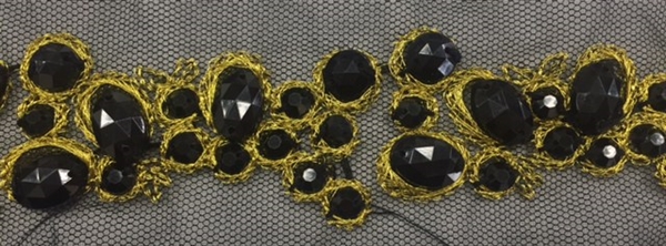 LNS-BED-156-BLACKGOLD.  Beaded Trim with Beautifully Arranged Black Beads on a Black Mesh - Sold By the Yard - 1.5 Inch Wide