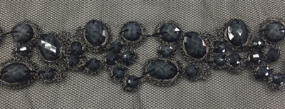 LNS-BED-156-GREY.  Beaded Trim with Beautifully Arranged Grey Beads on a Black Mesh - Sold By the Yard - 1.5 Inch Wide