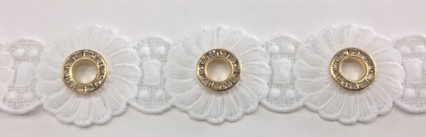 LNS-VEN-145-WHITE.  Venice Lace with Crystals in a Metallic Gold Ring - White - 1.5 Inches Wide