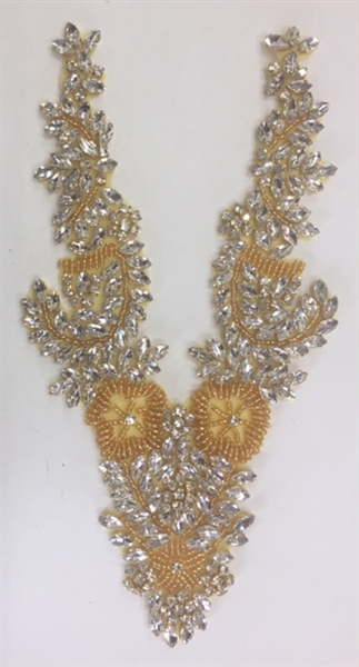 RHS-APL-032-GOLD. Clear Rhinestone Applique with Gold Beads V-Neck Style - Hot Fix (Iron-On). 11 x 4.5 Inches