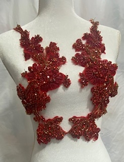 RHS-APL-081-RED-PAIR.  Sew-On Red Crystal Rhinestone Applique with Red Beads -  15 X 6  Inches Each Applique - Sold as Pair. Made with high quality crystals sewn on a red fabric mesh.
