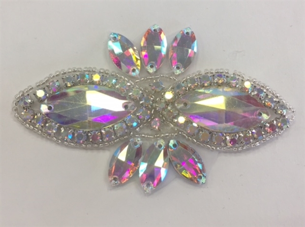RHS-APL-1507-AB. CRYSTAL RHINESTONE APPLIQUE WITH AB STONES AND SILVER BEADS- 4.25 X 2 INCHES