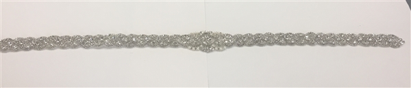 RHS-APL-918-SILVER.   Hot-Fix and Sew-On Clear Crystal Rhinestone Applique - With Pearls, Silver Beads and Clear Crystals - 33 x 2 Inches
