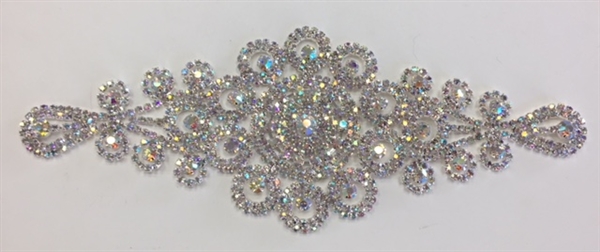 RHS-APL-M221-AB.  Glue-On or Sew-On AB Crystal Rhinestones on Silver Metal Applique - 8.5 x 3.5 Inches. Can be Used for Making Belts, Sashes, Head-Bands, Party Dresses and Costumes.
