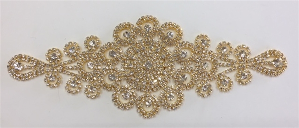 RHS-APL-M221-GOLD. Glue-On or Sew-On Clear Crystal Rhinestones on Gold Metal Applique - 8.5 x 3.5 Inches. Can be Used for Making Belts, Sashes, Head-Bands, Party Dresses and Costumes.