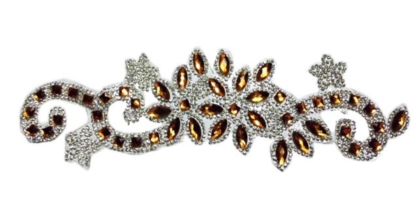 RHS-APL-085-GOLD.  CLEAR AND GOLD ACRYLIC RHINESTONE APPLIQUE - 9 INCHES