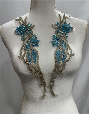 RHS-APL-W3303-BLUESILVER-PAIR. Blue Turquoise and Clear Crystal Rhinestone Applique with Silver Beads on a Shear White Tulle- 15" x 3" Each Piece.