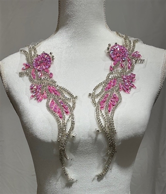RHS-APL-W3303-FUCHSIASILVER-PAIR. Fuchsia and Clear Crystal Rhinestone Applique with Silver Beads on a Shear White Tulle- 15" x 3" Each Piece.