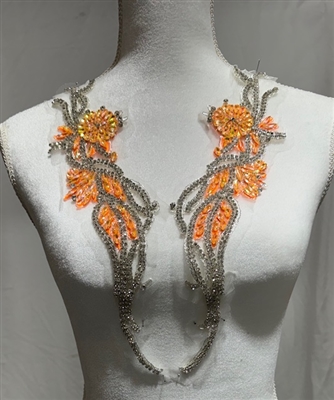 RHS-APL-W3303-ORANGESILVER-PAIR. Orange and Clear Crystal Rhinestone Applique with Silver Beads on a Shear White Tulle- 15" x 3" Each Piece.