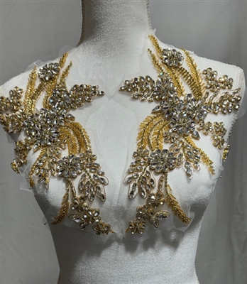 RHS-APL-WA027-GOLDSILVER-PAIR. Gold Rhinestone Applique with Clear Crystals and Gold Beads on a Shear White Tulle- 12" x 7" Each Piece.