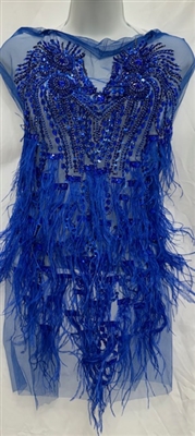 RHS-BOD-W080-ROYALBLUE. Royal Blue Crystal Rhinestone Bodice with Royal Blue Beads and Royal Blue Feathers on a Shear Royal Blue Tulle- 15" x 27"