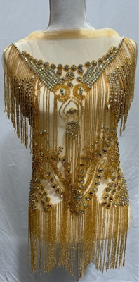 RHS-BOD-W081-ABGOLD. AB Crystal Rhinestone Bodice with Gold Beads and Gold Fringes on a Shear Gold Tulle- 19" x 30"