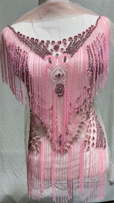 RHS-BOD-W081-FUCHSIAPINK. Fuchsia Crystal Rhinestone Bodice with Pink Beads and Pink Fringes on a Shear Pink Tulle- 19" x 30". Additional tulle extends from all sides.
